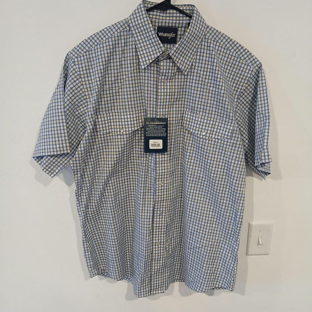 Wrangler Men's L Pearl Snap Short Sleeve Shirt Blue White Yellow